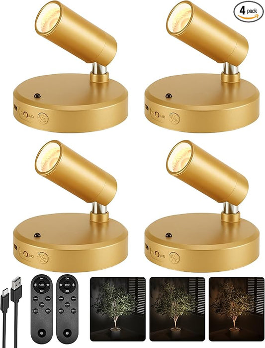 EZVALO LED Spotlight Indoor, 5500mAh Rechargeable Battery Uplighting Indoor, Wireless Mini Art Accent Spot Lights with Remote, for Plants, Display, Painting, Artwork, Portrait (4Pack-Gold)