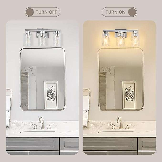 3-Light Bathroom Light Fixtures Modern Chrome Vanity Lights with Water Ripple Glass Wall Sconces Over Mirror for Bathroom, Powder Room, Living Room