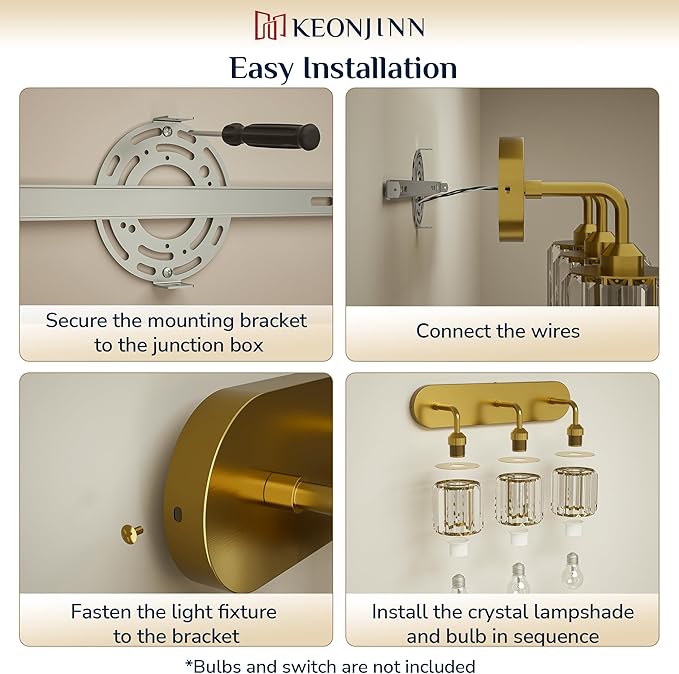 Keonjinn 3-Light Gold Bathroom Light Fixtures, Crystal Bathroom Vanity Lights Over Mirror, Gold Vanity Lighting Fixtures with Crystal Square Shades (E26 Base, Blub Not Included)