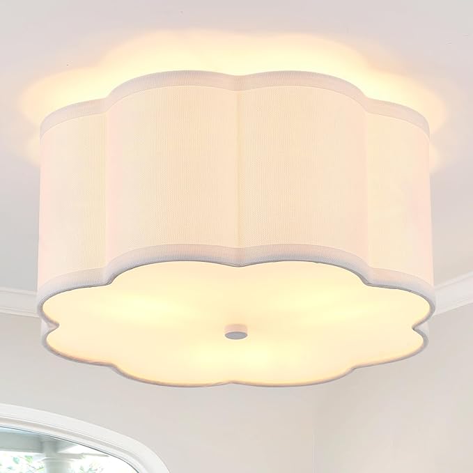 Modern Drum Semi Flush Mount Ceiling Light Fixture Modern 12.99” White 3-Lights Drum Ceiling Lighting Vintage Linen Ceiling Lamp for Kitchen, Basement, Dining Room, Bedroom, Laundry Room