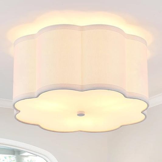 Modern Drum Semi Flush Mount Ceiling Light Fixture Modern 12.99” White 3-Lights Drum Ceiling Lighting Vintage Linen Ceiling Lamp for Kitchen, Basement, Dining Room, Bedroom, Laundry Room