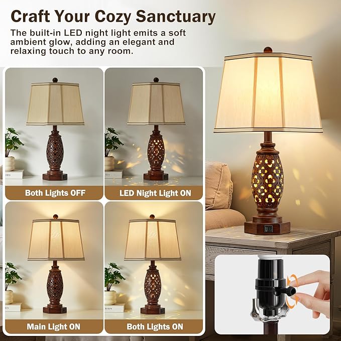 EJIAXIN Bedside Lamps Set of 2-23.5" Vintage Table Lamp with USB A+C and Nightlight - Brown Carved Resin Farmhouse Desk Lamp for Bedrooms, End Tables, Living Room, Bulbs Included