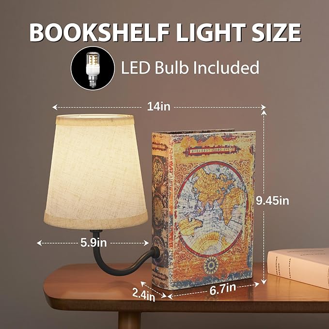 Vintage Bookshelf Lamp Rechargeable, Cordless Book Lamp with Linen Shade, Dimmable Touch Control Table Lamp, Modern Decorative Bookend, Bookshelf Lights for Office Home, Library, Study