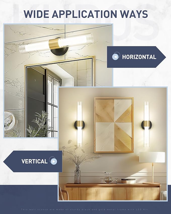 kudos Black and Gold Bathroom Sconces Wall Lighting, Bathroom Vanity Light, Modern Wall Lights with Clear Glass and Frosted Glass for Bathroom Bedroom Hallway, KDVL06-BG-2