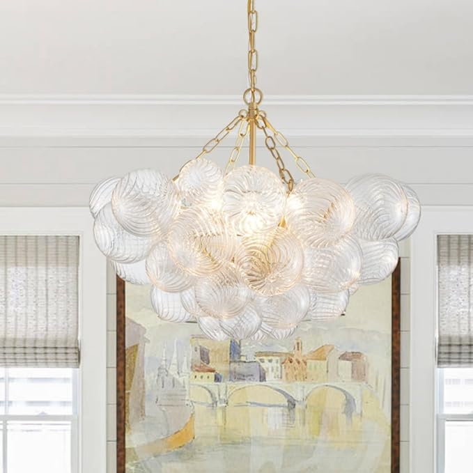 SM Saint Mossi 24” Bubble Ball Chandelier for Dining Room, Nordic Modern Dining Room Lighting Fixture, 5-Light Large Globe Pendant Light, Clear Glass Ball with Gold Frame, Living Room, Entryway