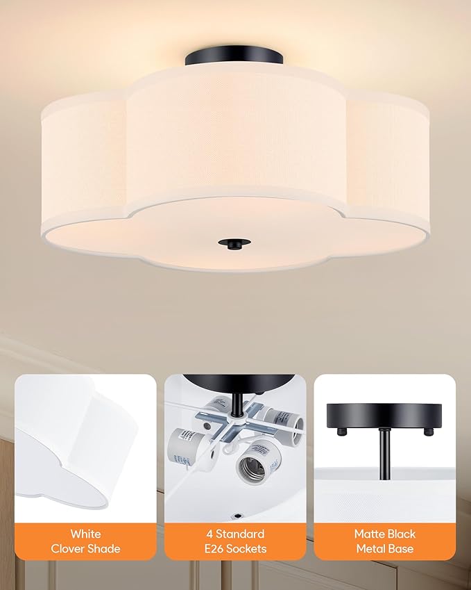 VONLUCE Semi-Flush Mount Ceiling Light, 15.8" Modern 4-Light Ceiling Light Fixture with White Clover-Shaped Shade 4 E26 Sockets for Bedroom Entryway Living Room, Black Finish, ETL Certificated