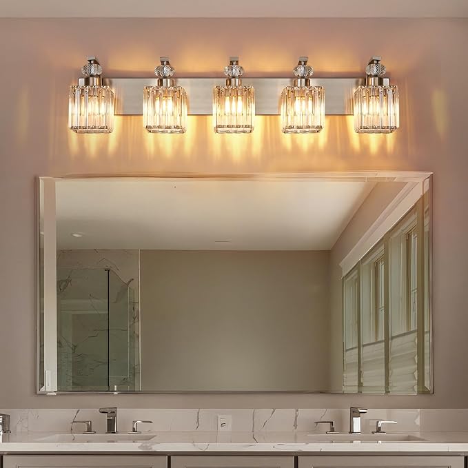 Modern Bathroom Vanity Light, 5-Light Nickel Bathroom Lighting Fixtures Over Mirror, 36.3" Crystal Wall Light Sconce for Bathroom/Bedroom/Vanity, Includes LED Bulbs, Easy Installation
