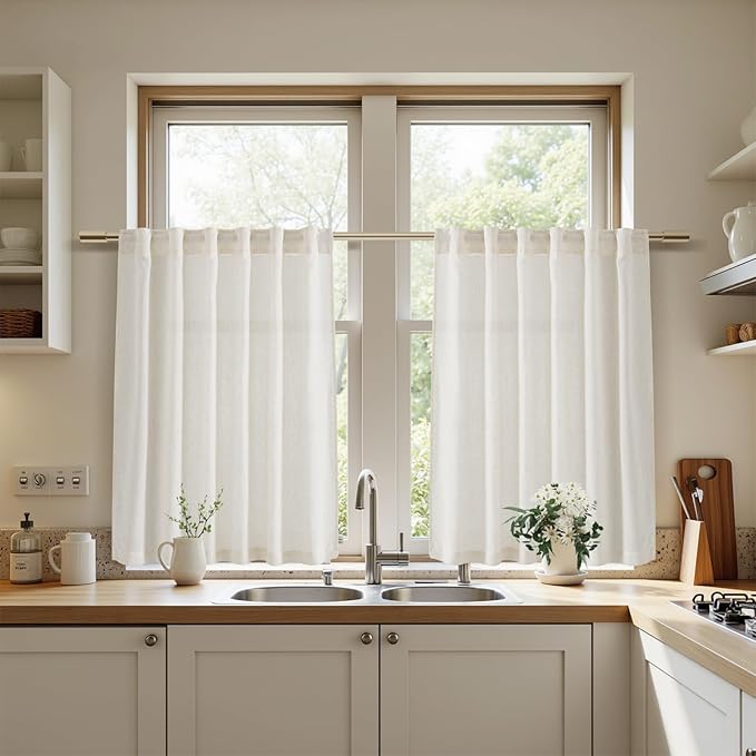 Nanspring Cafe Linen Curtains 24 Inch Length for Kitchen Windows Over Sink, Cream Natural Semi Sheer Light Filtering Back Tab and Rod Pocket Drapes for Small Window 34 x 24 Inch,2 Panels