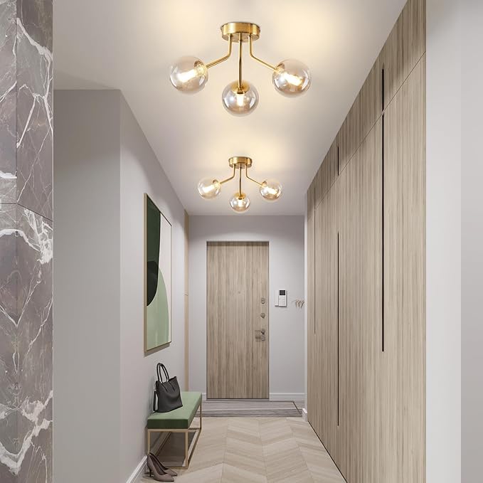 Modern Sputnik Chandeliers 3 Light Gold Semi Flush Mount Ceiling Light Fixture Pendant Lamps Bulbs with Glass Globe Lighting for Bedroom Kitchen Dining Room Office