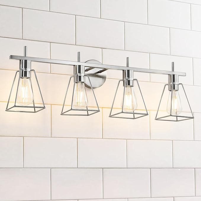 Industrial Bathroom Vanity Lights: 4-Light Silver Brushed Nickel Vintage Metal Cage Wall Sconce - Rustic Farmhouse Light Fixture Over Mirrors Cabinet for Bath Hallway