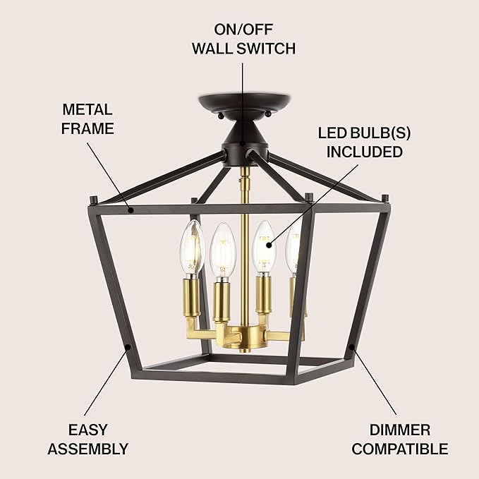 JONATHAN Y 12" Oil Rubbed Bronze/Brass Gold Modern Farmhouse Pagoda 4-Light LED Semi Flush Mount Lantern, Metal Ceiling Light Fixture for Kitchen, Hallway, Entryway, Bedroom, Hardwired (JYL7610G)