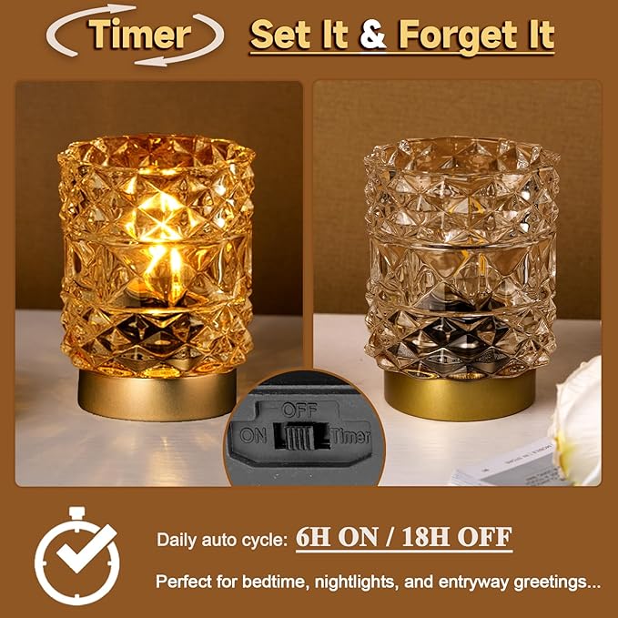 Battery Operated Lamp with Timer, Cordless Table Lamps for Shelf Decor, Rhombus Texture Aesthetic Crystal Lamp, Small Decorative Lamps for Bedroom/Bathroom/Kitchen/Entryway/Dorm (2 Pack Yellow)