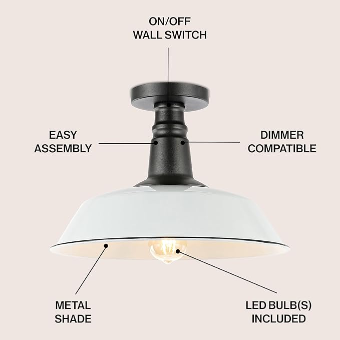 JONATHAN Y 14" White/Black 1-Light Industrial LED Semi Flush Mount Ceiling Light for Porch, Kitchen, Entryway, Modern Farmhouse Iron Fixture, White Metal Shade, LED Bulb Included JYL7617A