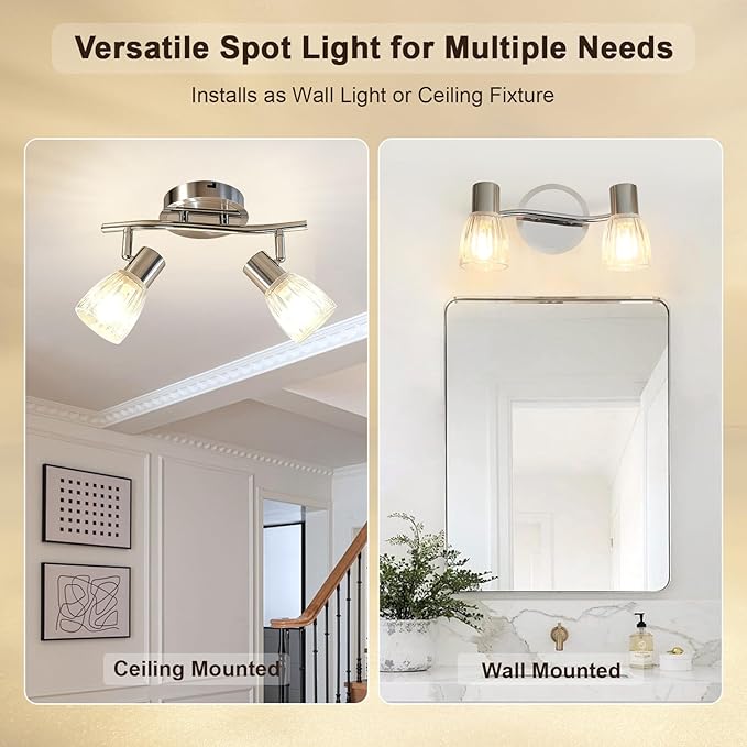 HiBay 2-Light Track Lighting, Directional Ceiling Light Fixture with Glass Shades, Modern Chrome Spotlight Indoor for Kitchen, Bedroom, Living Room, E12 Base, No Bulbs