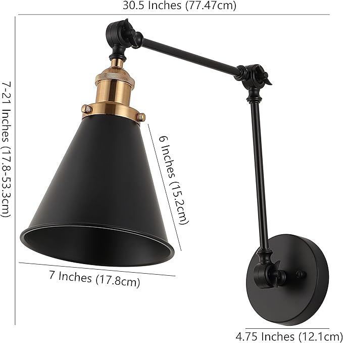 JONATHAN Y 7" Black/Brass Gold Classic Industrial Metal Adjustable Arm LED Wall Sconce for Bedside Reading, Farmhouse Swing Arm Wall Lamp with Metal Shade, Hardwired (JYL7462A-SET2)