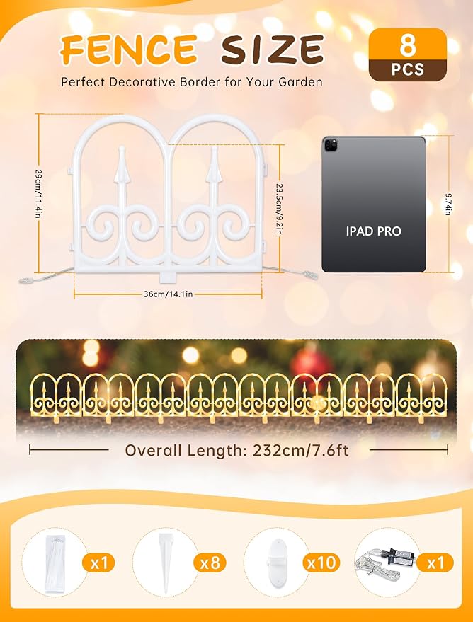 Hopolon 8 Pack Ornate Arch Fence Lights, 11.1in (H) X 9.1ft (L) Solar Powered Warm White Outdoor Garden Border Lights, Small Decorative Fence Barrier for Flower Bed Pathway Yard Lawn Patio Pet