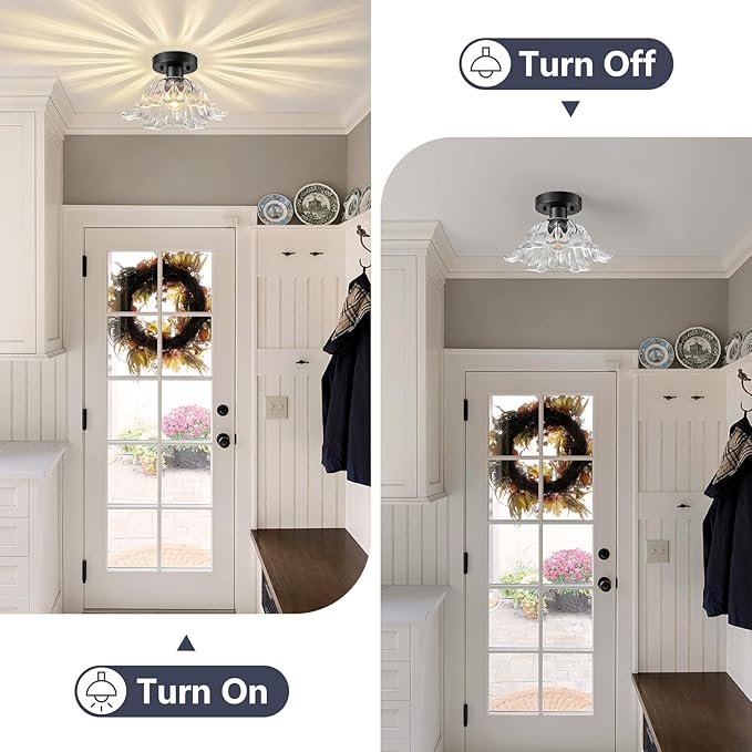 Modern Flower Glass Ceiling Light, Mid-Century Lighting Fixtures, Black Semi Flush Mount Ceiling Light for Hallway, Kitchen, Laundry Room, Bathroom, Entryway, 11 in
