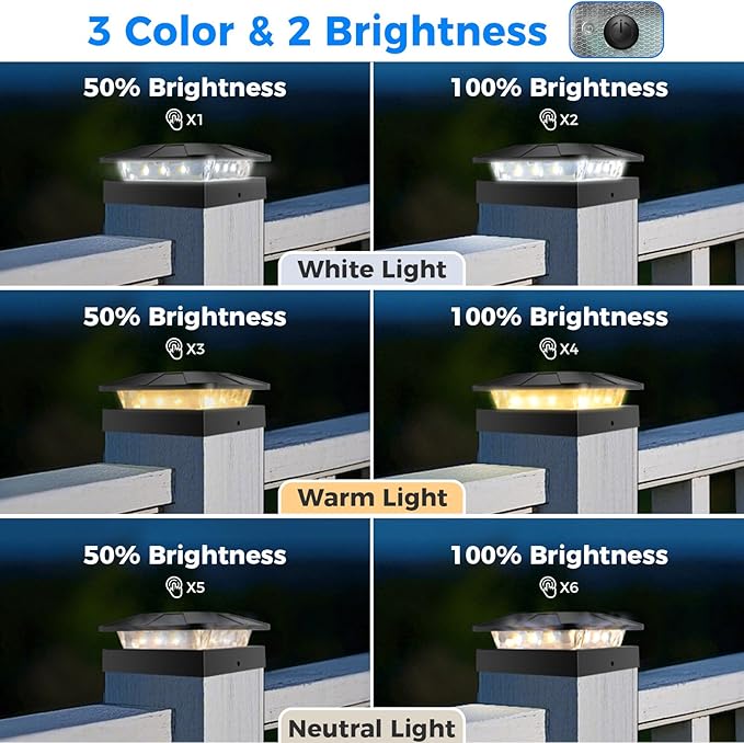 Peasur 6 Packs 4x4 Post Solar Lights with 3 Modes, Waterproof LED Solar Cap Lights for 4×4/3.5×3.5 Wood/Vinyl Posts, Post Top Lighting Outdoor for Fence Deck Mailbox Porch Railing