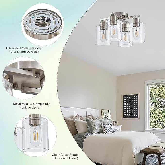 Semi Flush Mount Ceiling Light Kitchen Lighting Fixtures Ceiling Brushed Nickel Kitchen Cieling Light Fixtures with Clear Glass Shade for Dining Room Bedroom Living Room Hallway E26 Scoket