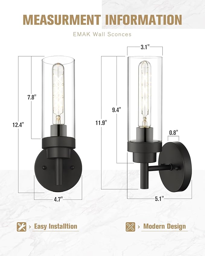 Emak Black Wall Sconces Set of Two, Modern Vanity Lights with Clear Glass Shade, Wall Lights for Bathroom, Bedroom, Living Room, Hallway, WS085-BK-2PK