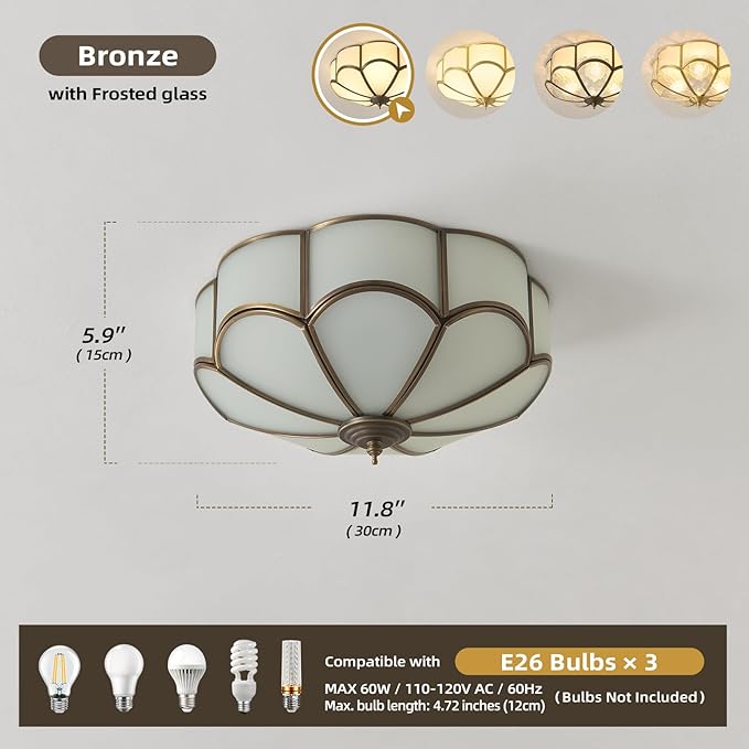 Vintage Black Glass Ceiling Light - Small 11.8 Inch Bronze Mid Century Flush Mount Lighting Fixtures - Art Deco Antique Modern Lamps for Hallway Bedroom Kitchen Entryway Farmhouse Foyer Bathroom Hall