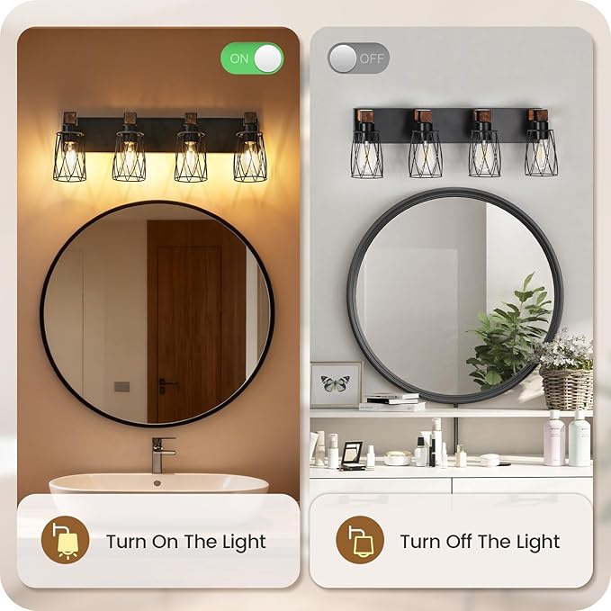 Industrial Farmhouse Bathroom Vanity Light, 4-Light Wood and Metal Wall Light Fixture, E26 Bulbs Not Included, for Bathroom, Vanity, Hallway, Black and Rustic Brown B20BD05