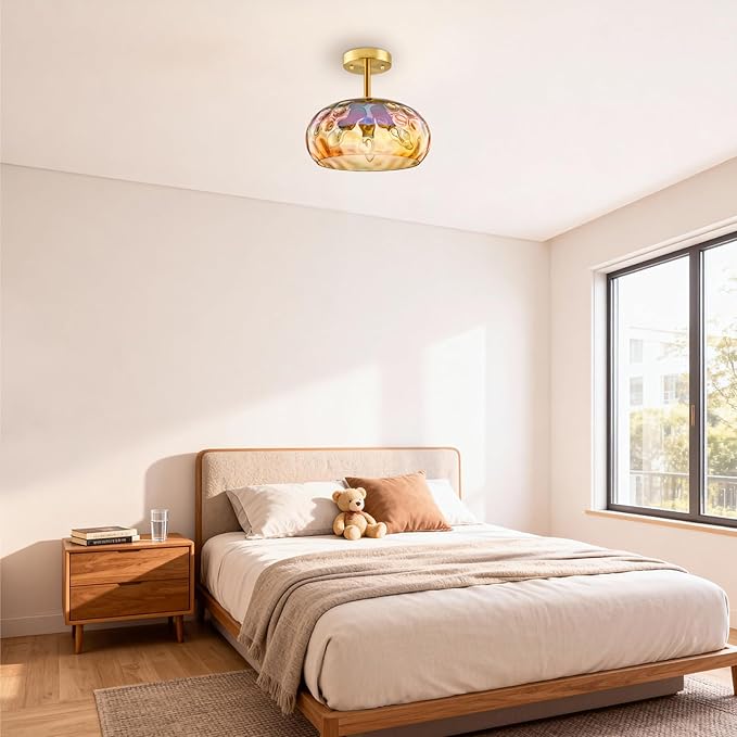 Vintage Ceiling Light Fixture, 12''& 3-Light Amber Indoor Semi Flush Mount Ceiling Light, Brass Rainbow Lampshade for Farmhouse, Bedroom, Kitchen, Living Room, Hallway Bulbs Not Included