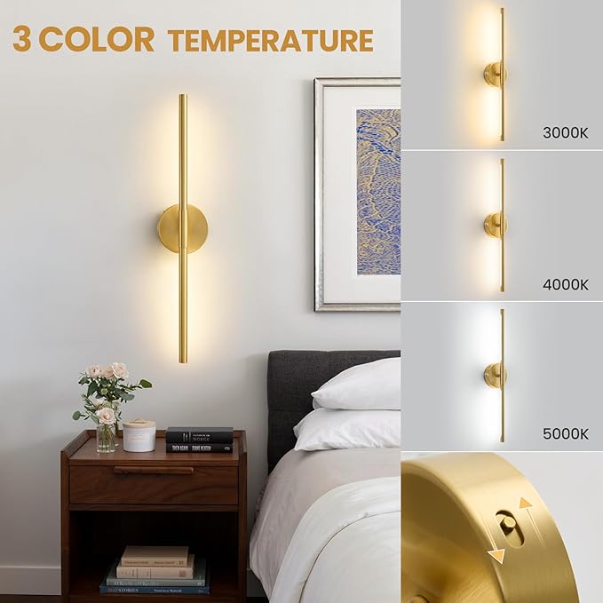 Lightania Wall Sconces Set of Two, 24'' Modern Gold LED Wall Lights, 360° Rotatable, 2700K-5000K Adjustable, Hardwired 3CCT Dimmable Wall Sconce Light Fixture for Living Room Bedroom Hallway, ETL
