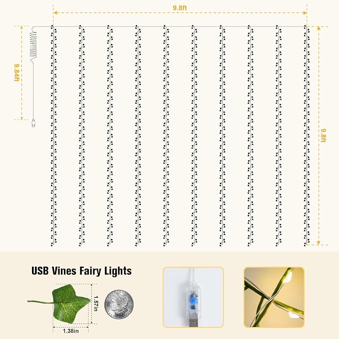 JMEXSUSS Vines Lights for Bedroom, 9.8ft x 9.8ft with Remote, 300 LED Fairy Lights with Vines, Artificial Ivy Curtain Light for Wall Dorm Wedding Indoor Decor (Pack of 2)