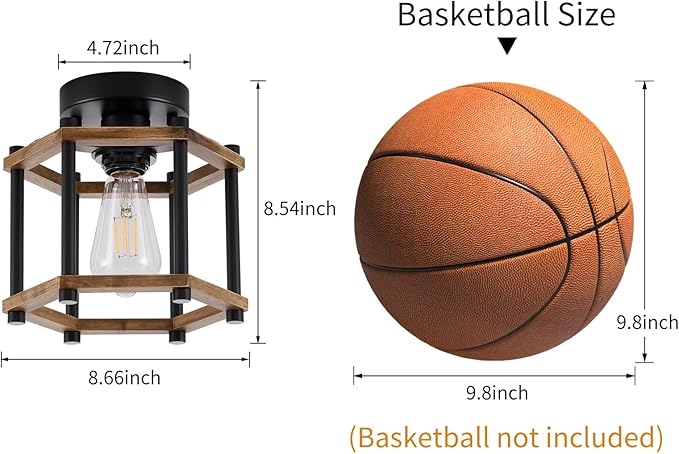 Dijiahua 1-Light Rustic Farmhouse Wood Flush Mount Ceiling Light Fixture, Small Black Semi Flush Mount Ceiling Lighting with Oak Wooden and Hexagonal Cage for Hallway Entryway Bedroom Kitchen