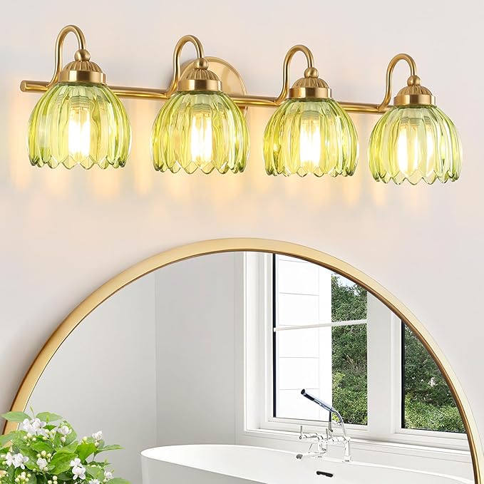 Vintage Bathroom Light Fixtures, Brass Vanity Lights with Green Tulip Glass Shade, Vanity Sconces for Bathroom Bedroom Living Room Hallway, 4-Light