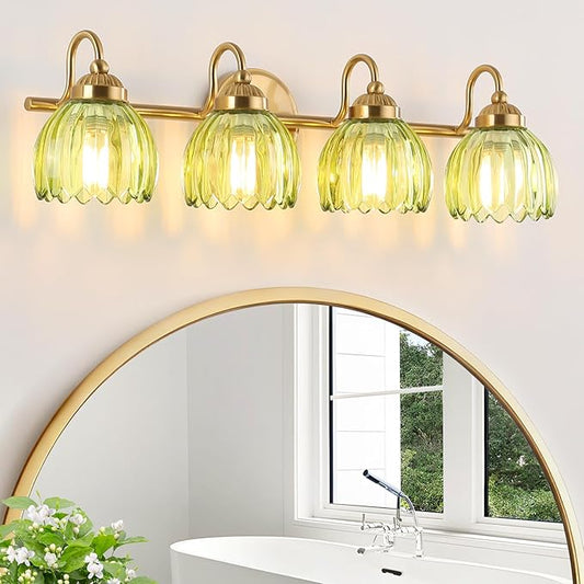 Vintage Bathroom Light Fixtures, Brass Vanity Lights with Green Tulip Glass Shade, Vanity Sconces for Bathroom Bedroom Living Room Hallway, 4-Light