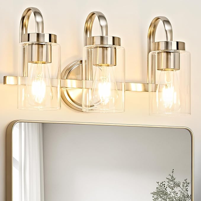 3 Light Bathroom Vanity Light, Brushed Nickel Vanity Lights for Bathroom, Modern Light Fixtures Over Mirror with Clear Glass Shade, Wall Sconce Lighting for Bedroom Living Room Hallway