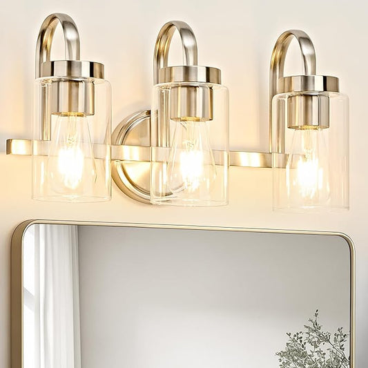 3 Light Bathroom Vanity Light, Brushed Nickel Vanity Lights for Bathroom, Modern Light Fixtures Over Mirror with Clear Glass Shade, Wall Sconce Lighting for Bedroom Living Room Hallway