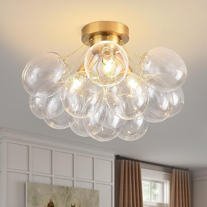 Bubble Chandelier Bubble Ceiling Light 17.7in Semi Flush Mount Chandelier Blown Glass Mid Century Close to Ceiling Light Fixture for Bedroom Hallway Entryway Kitchen Foryer Dining Room