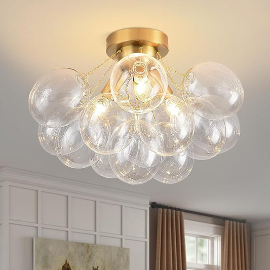 Bubble Chandelier Bubble Ceiling Light 17.7in Semi Flush Mount Chandelier Blown Glass Mid Century Close to Ceiling Light Fixture for Bedroom Hallway Entryway Kitchen Foryer Dining Room