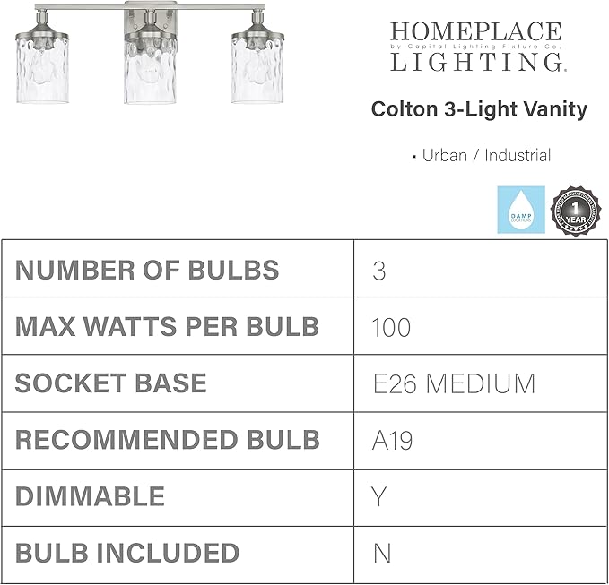 HomePlace Lighting 128831BN-451 Colton Mid-Century Clear Water Glass Bathroom Vanity Wall Light, 3-Light 300 Total Watts, 10" H x 24" W, Brushed Nickel