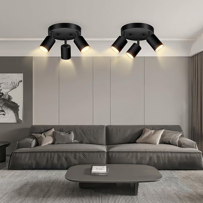 3 Light Track Lighting Fixtures Ceiling, Matte Black Round Directional Ceiling Spotlight, GU10 Flush Mount Ceiling/Wall Fixture, Adjustable Modern LED Track Light for Kitchen/Living Room, No Bulb