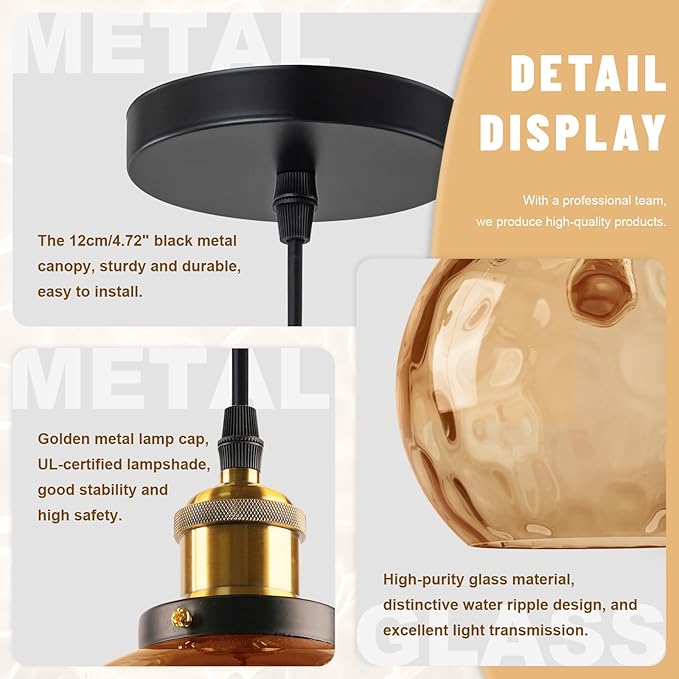 Amber Pendant Light Fixture, 7.8" Hammered Glass Globe Pendant Light with Brass Gold Cap, Adjustable Height 1-Light Vintage Hanging Light for Kitchen Island Dining Room Bedroom