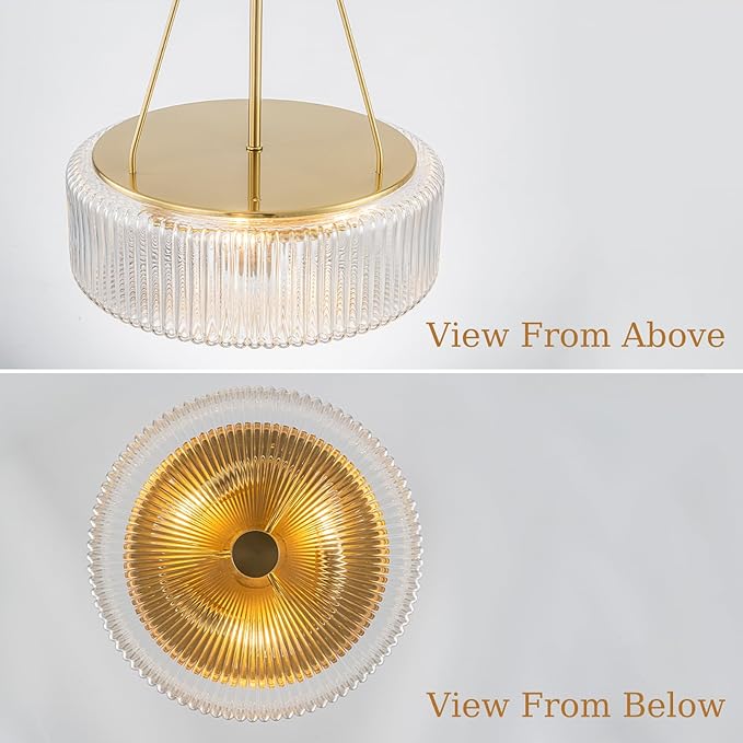 13.9 inch Gold Pendant Lights Kitchen Island,Mid-Century Modern Chandelier with Clear Striped Glass Shades,3-Light Round Dining Room Light Fixture for Living Room,Bedroom,Kitchen,Hallway,Bathroom