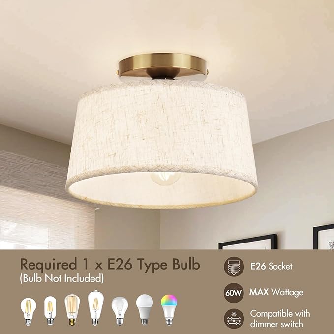 2P Modern Ceiling Light Fixture, 10 Inch Semi Flush Mount Lamp with Linen Shade, E26 Base, Gold for Kitchen Bedroom Hallway Closet Entryway Room Small Spaces, 2 Pack