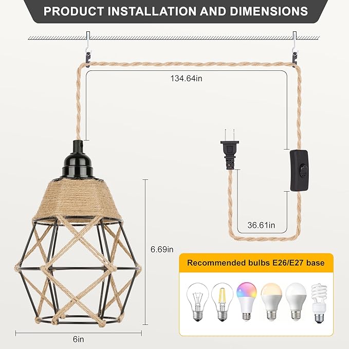 Industrial 15ft Pendant Lights - Hanging Light Kit with Switch Plug in Vintage Fabric Lamp with Twisted Hemp Rope Pendant Lights Socket E26 E27 for Pendant Lamp (Hemp Rope Brown, 7-Fishnet Shade)