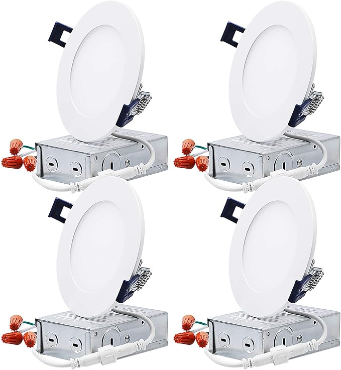 TORCHSTAR Essential Series 4 Inch Ultra-Thin LED Recessed Lighting with J-Box, 800lm Dimmable Slim Panel Downlight, ETL & Energy Star Listed, 2700K Soft White, Pack of 4