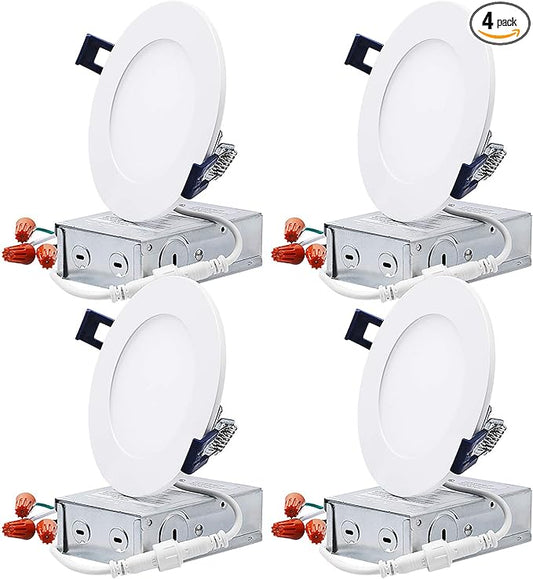 TORCHSTAR Essential Series 4 Inch Ultra-Thin LED Recessed Lighting with J-Box, 800lm Dimmable Slim Panel Downlight, ETL & Energy Star Listed, 4000K Cool White, Pack of 4