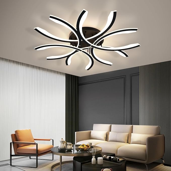Modern LED Flush Mount Ceiling Light - 12 Lights Dimmable Close-to-Ceiling Fixture with Remote Control, 144W 3000K-6500K Adjustable Color Temperature for Bedroom, Living Room (Black)