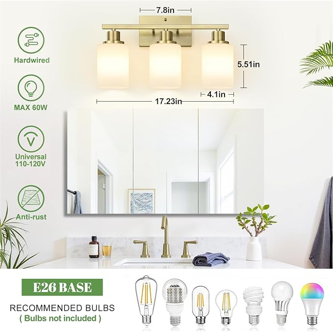 MOKATNG 3-Light Bathroom Light Fixtures, Aged Brass Vanity Light with Milky White Shades, Bathroom Lighting Fixtures Over Mirror, Modern Bathroom Wall Lamp for Mirror Living Room Cabinet Bedroom