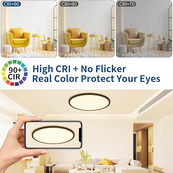 24 Inch Flush Mount Ceiling Light, Dimmable 3000K/4500K/6000K Selectable, 48W 4800LM, Modern, Ultra Thin, Black, for Bedroom, Kitchen, Dining Room, Living Room, Home Office, Hallway