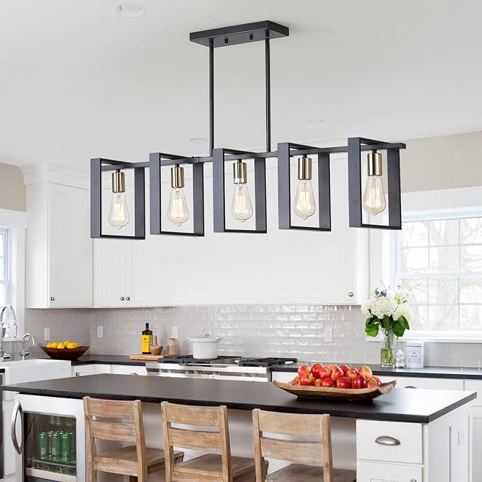 9MMML 41.5" Mid Century Dining Room Chandelier, Black and Gold Wood Pendant Light, Height Adjustable 5 Lights Fixtures for Kitchen Island Hallway Pool Table
