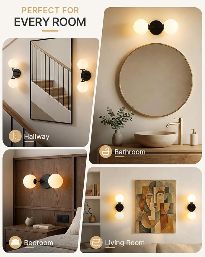 Yunnix Black Bathroom Vanity Light, Modern Globe Vanity Lighting Fixtures with Milk White Glass Shade, Mid Century Vanity Lights Wall Sconce Over Mirror for Bathroom Hallway Entryway (2 Pack)