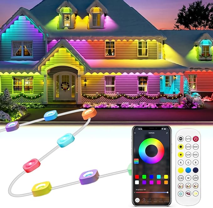 Gaoxun 200ft Permanent Outdoor Lights, RGBW Smart LED Christmas Lights with 72 LED, APP/Remote Control, Dimmable, 47 Scene Modes, Timer, IP67 Waterproof Eaves Lighting for Daily Holiday Decorations